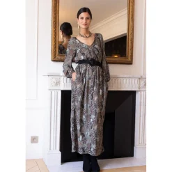 Robe longue imprimée jungle Nancy gris en viscose