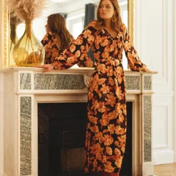 Robe longue imprimée Nancy orange en viscose
