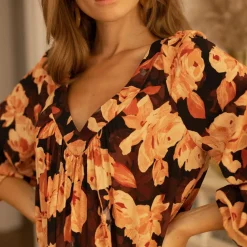 Robe longue imprimée Nancy orange en viscose