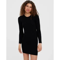 Robe longue Slim Fit Col rond Manches longues noir en viscose