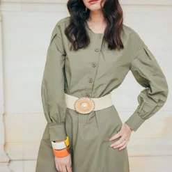 Robe manches longues ceinturée en popeline kaki Dali Réédition