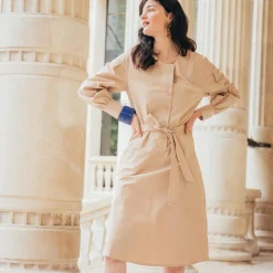 Robe manches longues ceinturée en popeline beige Dali Réédition