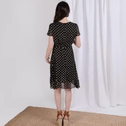 Robe portefeuille à pois doré Marina en viscose noir