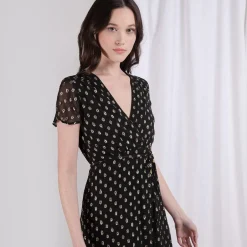 Robe portefeuille à pois doré Marina en viscose noir