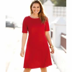 Robe unie cintrée évasée manches aux coudes femme - Rouge