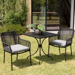 Salon de jardin 2 personnes Table carrée et 2 fauteuils gris et noirs en cordage