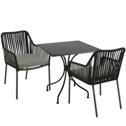 Salon de jardin 2 personnes Table carrée et 2 fauteuils gris et noirs en cordage