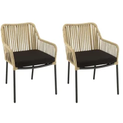 Salon de jardin 2 personnes Table carrée et 2 fauteuils beiges et noirs en cordage