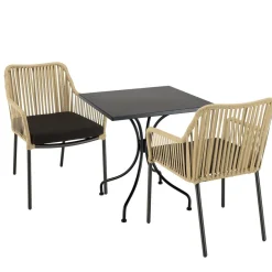 Salon de jardin 2 personnes Table carrée et 2 fauteuils beiges et noirs en cordage