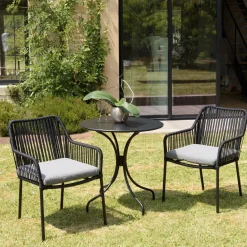 Salon de jardin 2 personnes Table ronde 70x70cm et 2 fauteuils gris et noirs en cordage