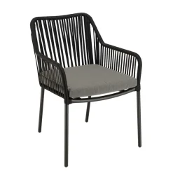 Salon de jardin 2 personnes Table ronde 70x70cm et 2 fauteuils gris et noirs en cordage