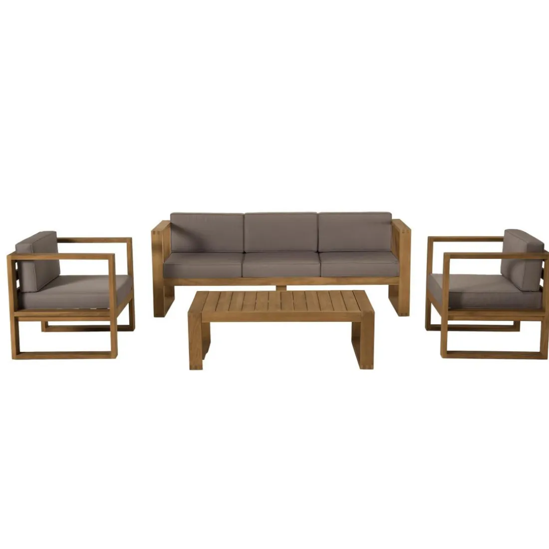 SALON DE JARDIN EN BOIS TECK : 1 Canapé 3 places, 2 fauteuils avec coussins waterproof et une table basse 110x60cm
