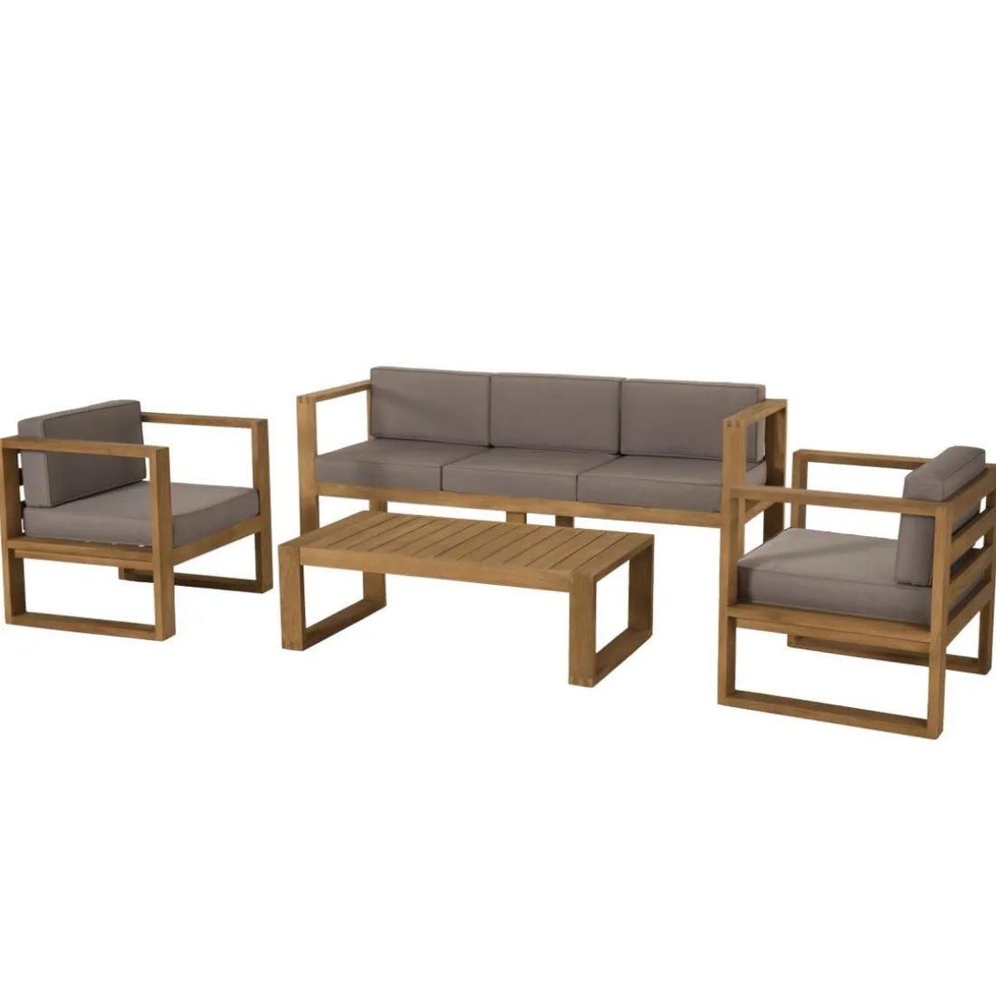 SALON DE JARDIN EN BOIS TECK : 1 Canapé 3 places, 2 fauteuils avec coussins waterproof et une table basse 110x60cm