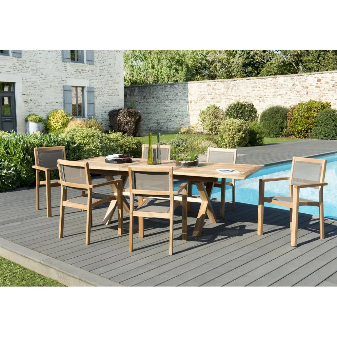 SALON DE JARDIN EN BOIS TECK 8/10 pers - Ensemble de jardin - 1 Table rectangulaire extensible 180/240*100 cm pieds croisés -6 fauteuils empilables textilène couleur taupe