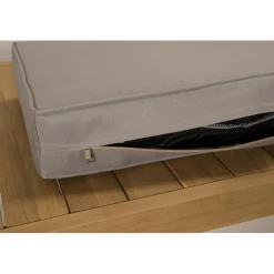 SALON DE JARDIN EN BOIS TECK : 1 Canapé d'angle 5 places avec coussin waterproof et une table basse 110x60 cm