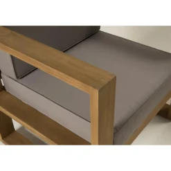 SALON DE JARDIN EN BOIS TECK : 1 Canapé d'angle 5 places avec coussin waterproof et une table basse 110x60 cm
