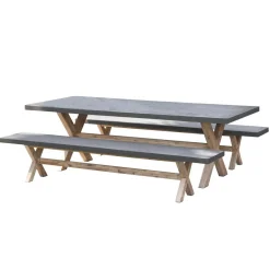 SALON DE JARDIN EN FIBRE DE BETON ET ACACIA 8 pers - Ensemble jardin - 1 Table rectangulaire 200*100 cm et 2 bancs