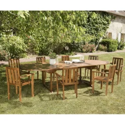 Salon de jardin HANNA en bois teck huilé 10/12 personnes - ensemble de jardin : 1 table ovale extensible 200/300*120 cm et 8 fauteuils empilables