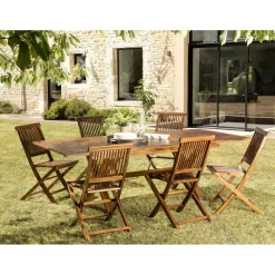 Salon de jardin HANNA en bois teck huilé 8/10 personnes - ensemble de jardin : 1 table rectangulaire pieds croisés extensible 180*240/100 cm et 6 chaises.