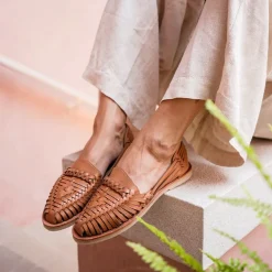 Sandale tressee camel - ALEGRE en cuir