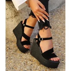 Sandales compensées multibrides femme cuir noire