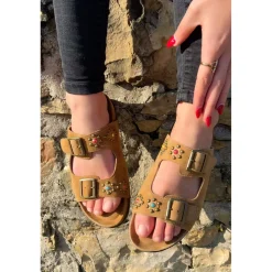 Sandales Femme En Cuir - Jaune marron