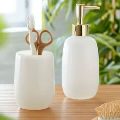 Set gobelet et distributeur de savon liquide en verre CLARION teinte blanche
