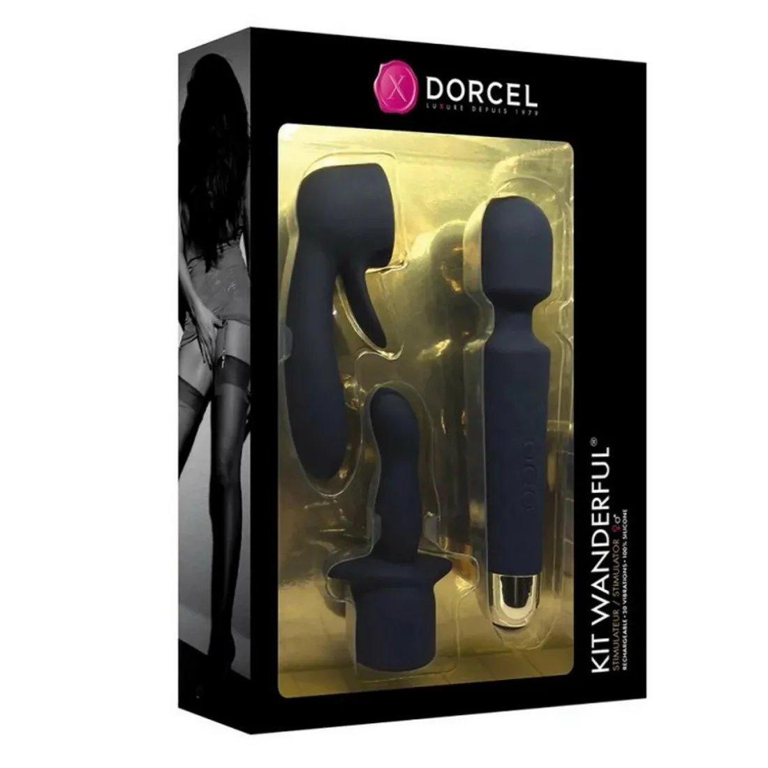 Stimulateur/wand avec embouts interchangeables KIT WANDERFUL - Noir Dorcel