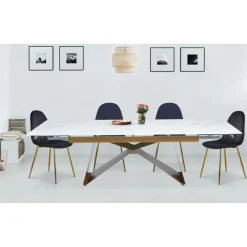 Table à manger extensible Mogarie en Verre effet Marbre Blanc et pieds Or