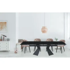 Table à manger extensible Icaria en Verre effet marbre noir et pieds Métal Noir