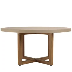 Table à manger ronde béton beige pieds croisés en teck DAK