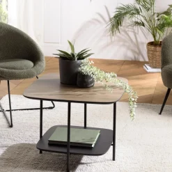 Table basse 2 plateaux bi-matière mocha noir pieds métal