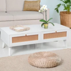 Table basse 2 tiroirs avec cannage Dalgora Blanc