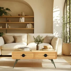 Table basse 2 tiroirs pin couleur naturelle pieds métal vert HELENA