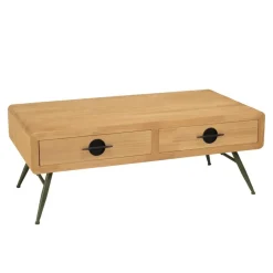 Table basse 2 tiroirs pin couleur naturelle pieds métal vert HELENA