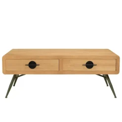 Table basse 2 tiroirs pin couleur naturelle pieds métal vert HELENA