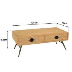 Table basse 2 tiroirs pin couleur naturelle pieds métal vert HELENA