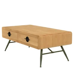 Table basse 2 tiroirs pin couleur naturelle pieds métal vert HELENA
