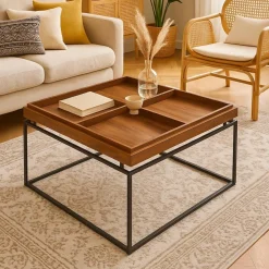 Table basse carrée avec plateau compartimenté réversible Duplix Bois Noisette