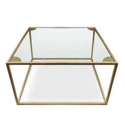 Table Basse Carrée RIVEL Métal Or Et Verre Transparent