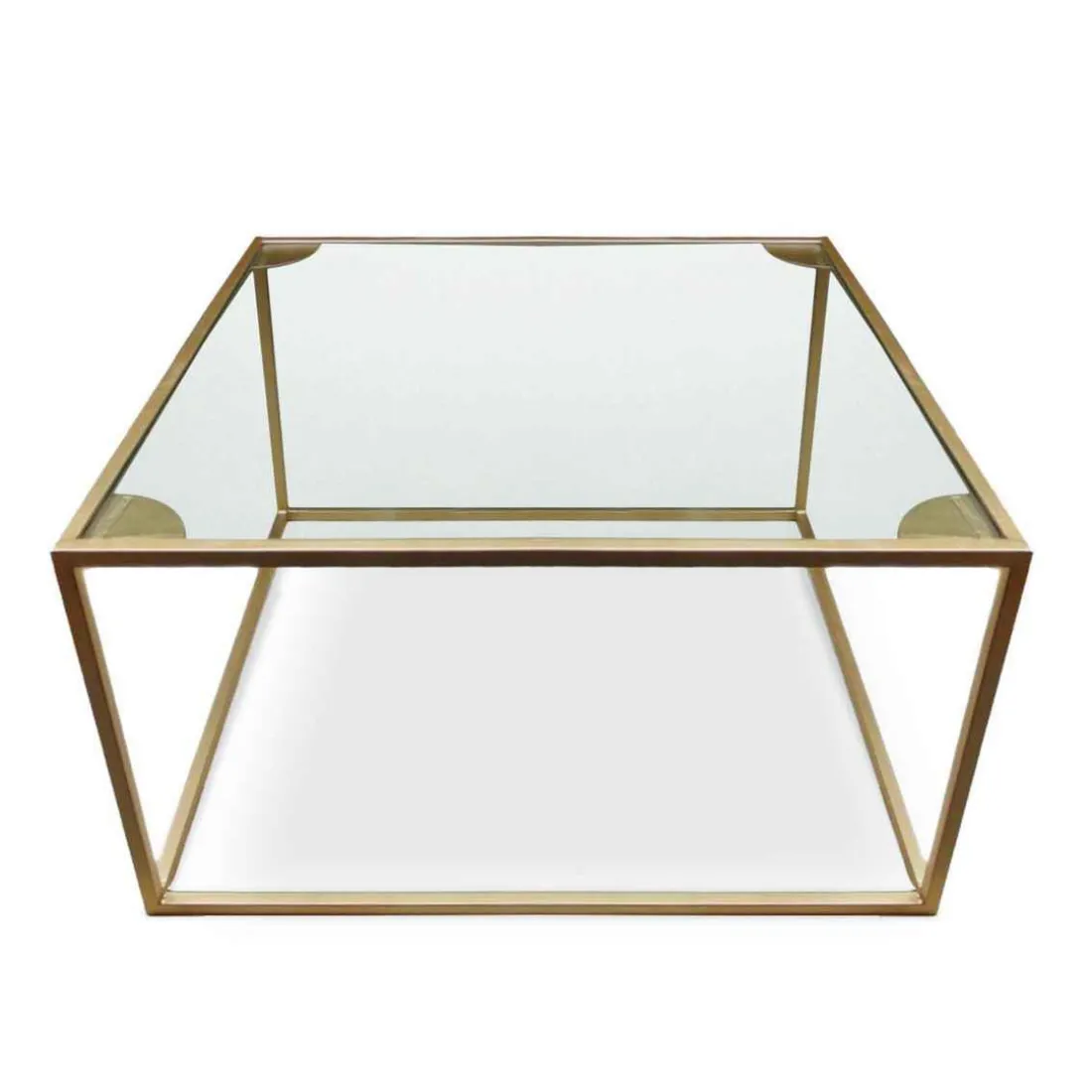 Table Basse Carrée RIVEL Métal Or Et Verre Transparent