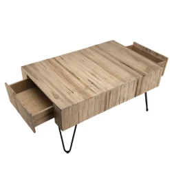 Table Basse CLEMENCE Bois Nature 2 Tiroirs Branches Teck - Pieds Épingles Scandi Métal