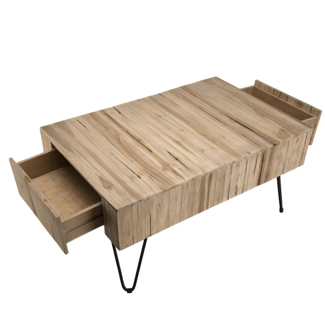 Table Basse CLEMENCE Bois Nature 2 Tiroirs Branches Teck - Pieds Épingles Scandi Métal