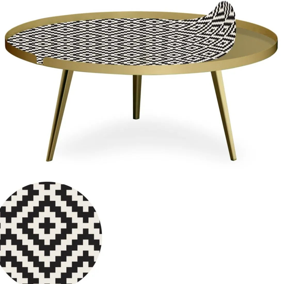 Table basse magnétique ronde à rebord Bipolart Métal Or avec 1 Top Motif Contraste