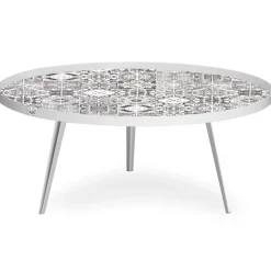 Table basse magnétique ronde à rebord Bipolart Métal Blanc avec 2 Tops style Natural