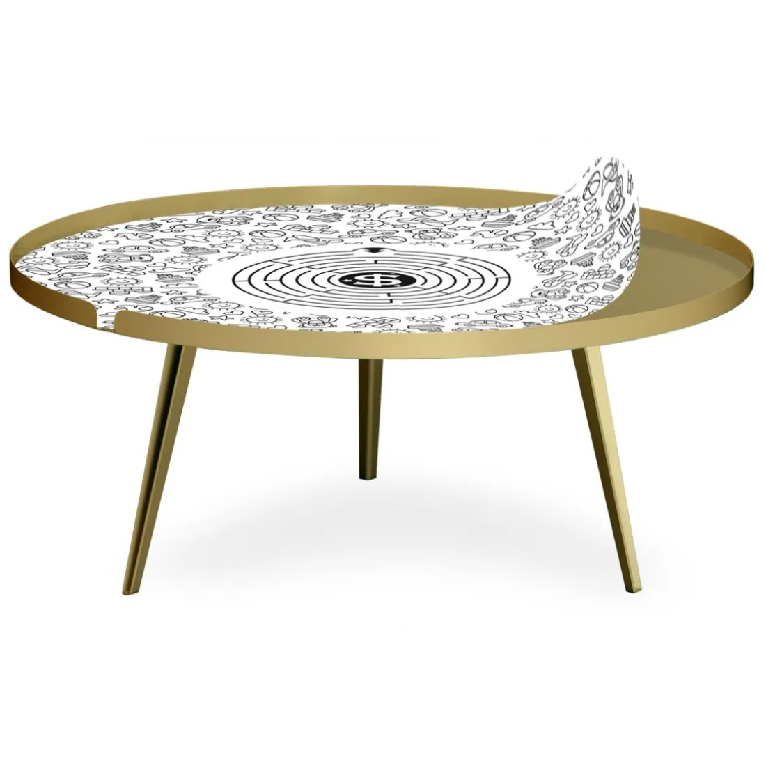 Table basse magnétique ronde à rebord Bipolart Métal Or avec 2 Tops style Jeux