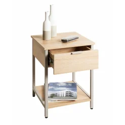 Table d'appoint en tube d'acier laqué gris cachemire, étagères en panneau de particules décor chêne naturel