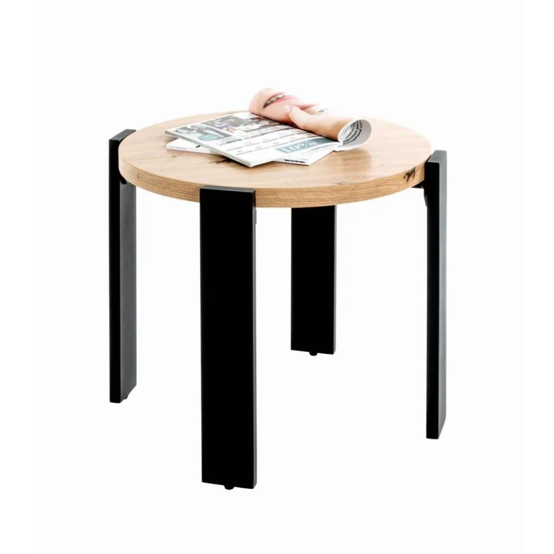 Table d’appoint en tube d'acier en noir, plateau en MDF décor chêne