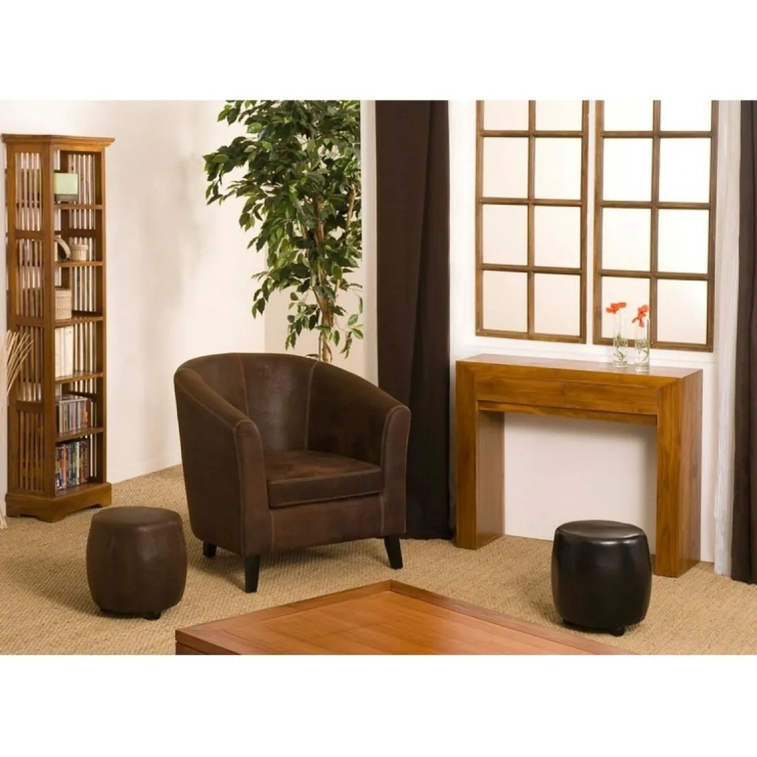 Table d'Appoint rectangulaire 2 tiroirs en teck style colonial - Miel - BIANCA