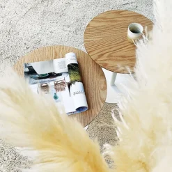 Table d'appoint ronde 'DILA' en bois finition naturelle et métal blanc